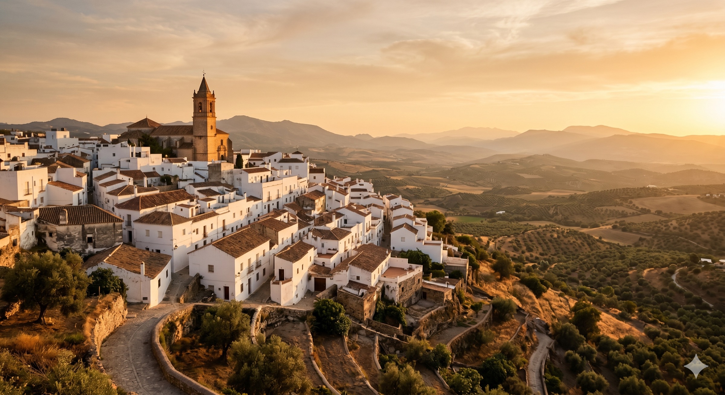 A whitewashed Andalusian hilltop village at golden hour, Spain